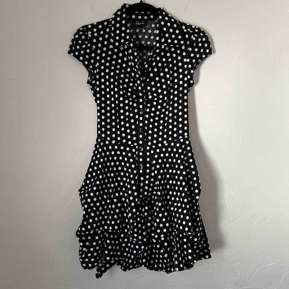 Y2K Polka Dot Dress iZ Byer Black White Ruffle Skater Retro Indie Parisian Sz XS